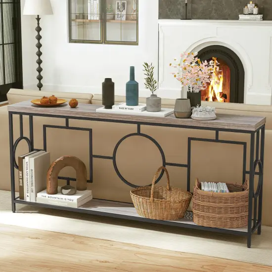 MDF Console Table, 2-Tier Metal Frame with Anti-Tip and Storage {2}