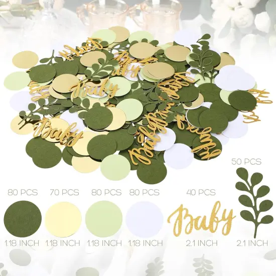 400 Pcs Greenery Baby Shower Confetti Scatter Decorations Green Brown White Table Confetti Dots with Eucalyptus and Gold Scatter for Baby Shower Gender Reveal Decor {2}