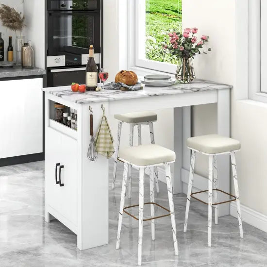 White MDF Bar Table with Faux Marble Top, Adjustable Shelf and Hooks {2}
