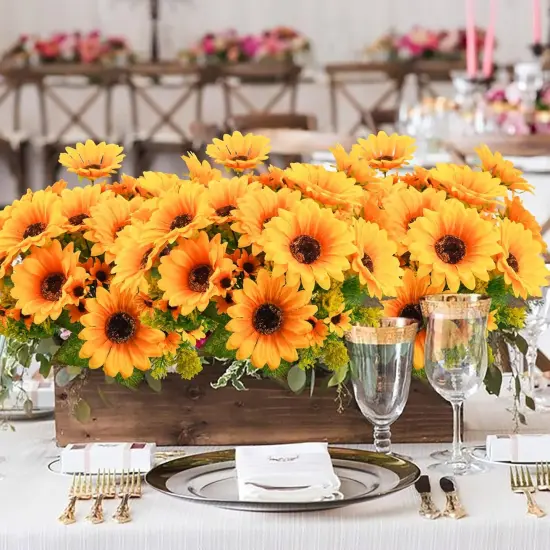 4PCS Summer Floral Arrangement Sunflowers Artificial Flowers, Fake Silk Flowers with 7 Stems for Indoor/Outdoor Home Centerpieces, Wedding Bouquet, Office DIY D&eacute;cor (Orange Yellow) {2}
