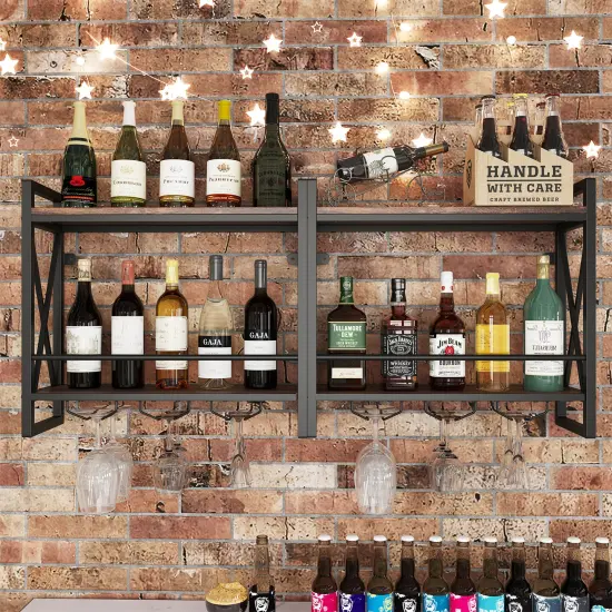 Rustic Brown Metal Frame Wall Mounted Wine Rack with 2-Tier Shelves and 3 Glass Holders {2}
