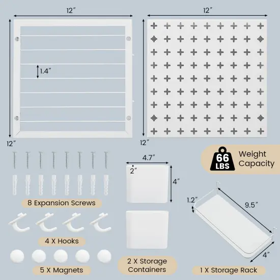 White Metal Wall Organizer 2 Pegboard Panels Combination Kit with Magnets and Hooks {5}