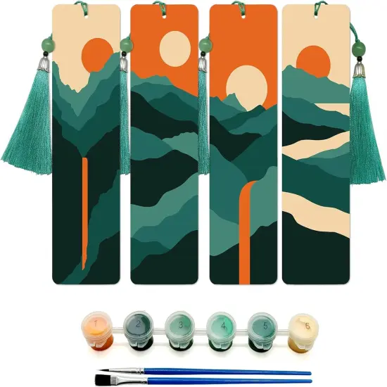 Mountain Paint by Numbers Kit for Adults, 4 Pack Wood Bookmarks Paint by Numbers for Book Lovers, DIY Sunset Painting by Number Bookmarks with Tassel, Easy Paint by Number Kits for Gift 7x2 Inch {1}