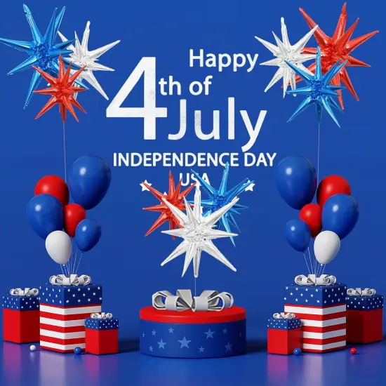 9 Pieces Red White Blue Explosion Star Balloons, Large 27 & 22 Inches 14-Pointed One-Piece Cone Stars Fireworks Foil Balloons for 4th of July, Independence Day USA Patriotic Party Decorations {2}