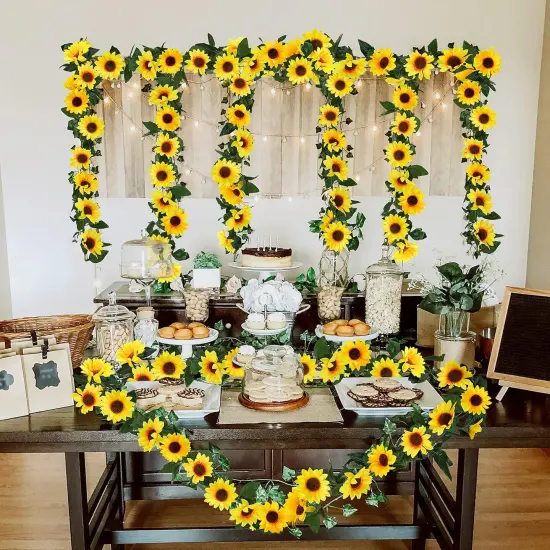 Summer 3 Pack Artificial Sunflower Garland &ndash; 7.5ft Silk Sunflowers Hanging Vines with Green Leaves for Room, Kitchen, Garden, and Table Decor {5}