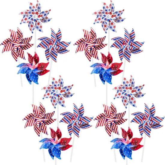 10 Pack Reflective Pinwheels Patriotic Decorations, American Flag on Stick Wind Spinner with Stake for Independence Day {1}