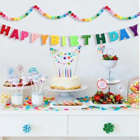 2 Pcs 118 Inch Pre Strung Happy Birthday Felt Fabric Banner with Garland Reusable Natural Handmade Letters & Balls for Party Decor(Rainbow Color) {3}