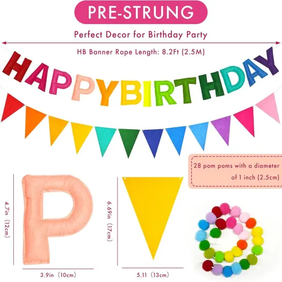 Pre-Strung 3D Happy Birthday Banner, 3 PCS Rainbow Happy Birthday Felt Garland, Pom Pom Garland, Triangle Fabric Garland Bunting, Reusable Rainbow Birthday Decorations {2}