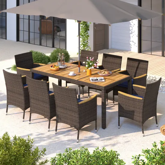Mix Brown PE Rattan Acacia Wood 9-Piece Patio Dining Set with Cushions {3}