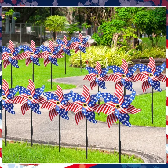 12 Pcs 22" H 4th of July Pinwheels Patriotic American Flag Pinwheels Red Blue White Stars Stripes Wind Spinner {3}