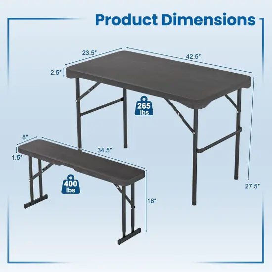 Black HDPE Folding Picnic Table Set with Benches and Wood Grain Look {4}