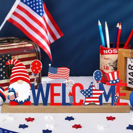 Patriotic/ 4th of July Metal Sign Rustic Table Decor Holiday Tiered Tray Decor with Wooden Base Freestanding Metal Word Sign for Home Tabletop Centerpiece Mantel Shelf Fireplace {2}