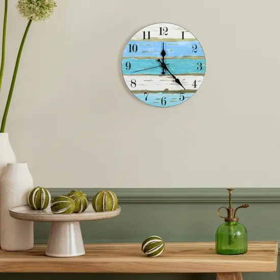 Blue Wood Wall Clock Battery Operated 12 Inch (30 cm) - Silent Frameless Farmhouse & Beach Decor Analog Wall Clock for Bedroom, Kitchen, Office {5}
