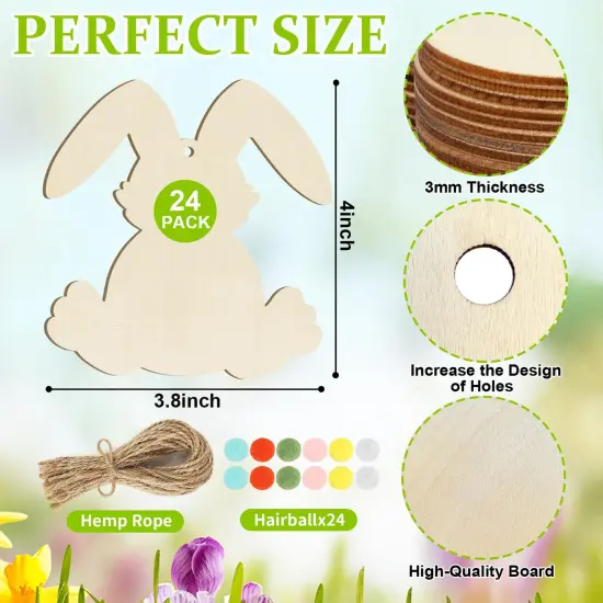 Wooden Rabbit Ornaments to Paint Easter Decoration Cutouts Unfinished 24PCS 3.5 x 3 inches, DIY Blank Bunny Unfinished Wood Discs Ornament for Home Crafts Hanging Spring Decoration {2}