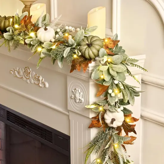 6 Ft Fall Autumn Garland with Lights - Green {4}