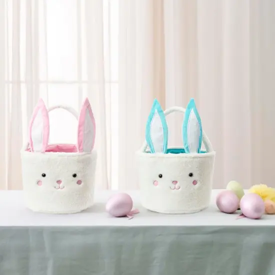 Plush Bunny Basket for Easter Fluffy Easter Bunny Bucket for Egg Hunts Easter Basket Easter Egg Basket Easter Egg Holder (Blue White) {2}