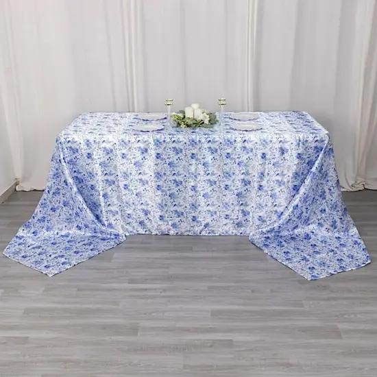 90" x 156" White Blue Floral Satin Rectangular Tablecloth Party Home Decorations {4}