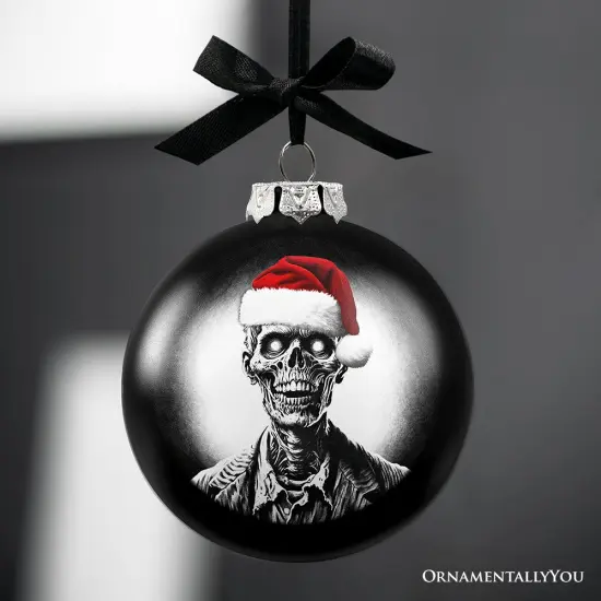 Zombie Christmas Spooky Portrait Glass Ornament, Black Horror Halloween Tree Decoration {4}