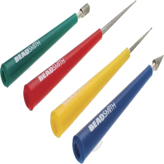 The Beadsmith 4-Piece Diamond Tipped Bead Reamer Set, Color Coded Plastic Handles, Remove Burrs, Enlarge Holes, Smooth Edges {2}