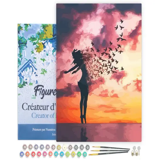 Figured'Art Paint by Numbers for Adults with Frame Women and Birds at Sunrise 16"x20" - Craft Art Painting DIY Kit Canvas Already Stretched on a Wooden Frame {1}