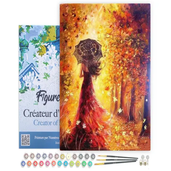 Figured'Art Paint by Numbers Kit for Adults with Frame Autumn Forest and Woman with Umbrella 16"x20" - Craft Art Painting DIY Kit Canvas Already Stretched on a Wooden Frame {1}