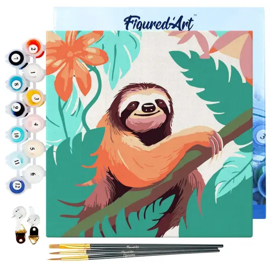 Figured'Art Mini Paint by Numbers Kit for Adults with Frame Tropical Sloth Small format 8"x8" - Craft Art Painting DIY Canvas Already Stretched on a Wooden Frame {1}