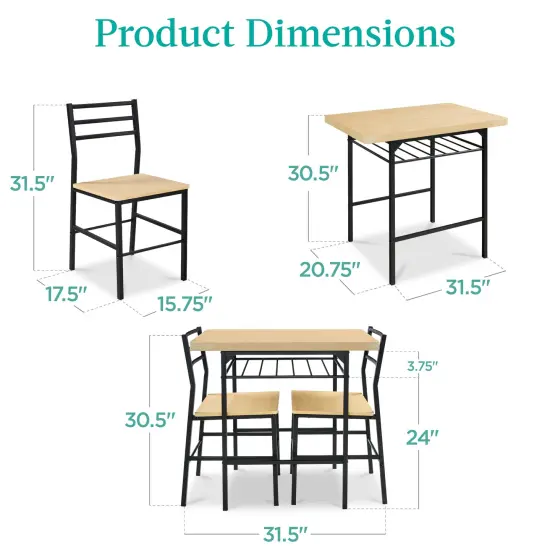 Best Choice Products 3-Piece Modern Dining Set, Square Table & Chairs Set w/ Steel Frame, Built-In Storage Rack Natural/Black {2}