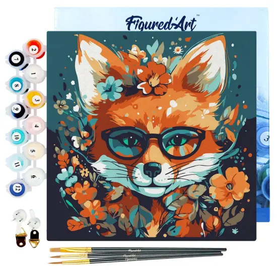 Figured'Art Mini Paint by Numbers Kit for Adults with Frame Fantasy fox and flowers Small format 8"x8" - Craft Art Painting DIY Canvas Already Stretched on a Wooden Frame {1}