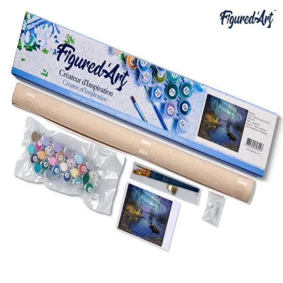 Figured'Art Paint by Numbers for Adults Moose and aurora borealis 16"x20" - Craft Art Painting DIY Kit Rolled Canvas without frame {5}