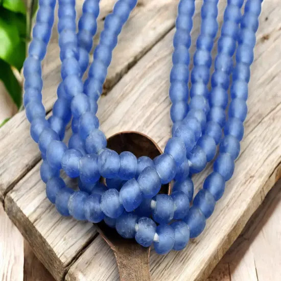 7-9mm Matte Blue African Recycled Glass Beads (18" Strand) {4}