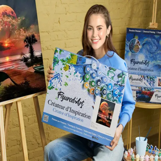 Figured'Art Paint by Numbers for Adults with Frame Full Moon and beach front 16"x20" - Craft Art Painting DIY Kit Canvas Already Stretched on a Wooden Frame {2}