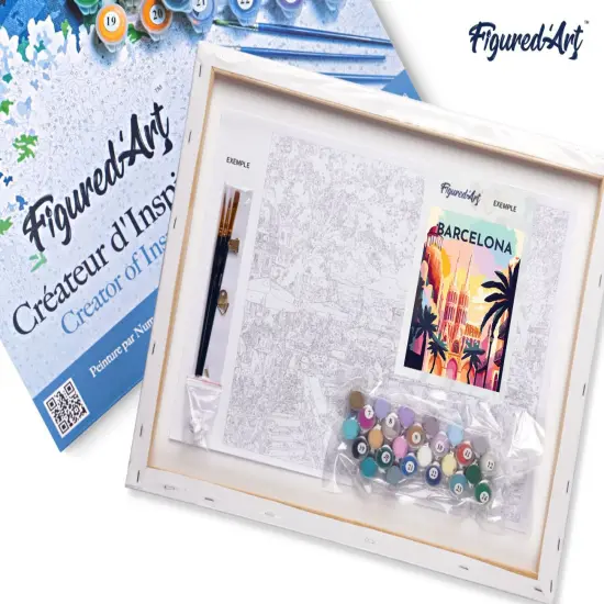 Figured'Art Paint by Numbers for Adults with Frame Travel Poster Barcelona 16"x20" - Craft Art Painting DIY Kit Canvas Already Stretched on a Wooden Frame {5}