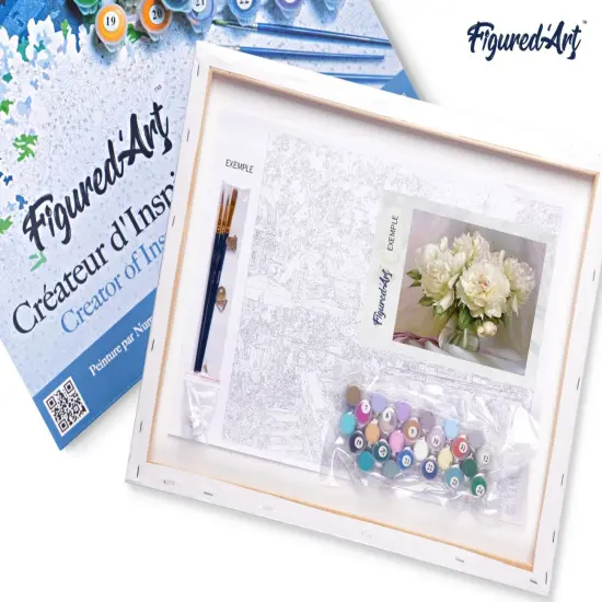 Figured'Art Paint by Numbers for Adults with Frame White Peonies 16"x20" - Craft Art Painting DIY Kit Canvas Already Stretched on a Wooden Frame {5}