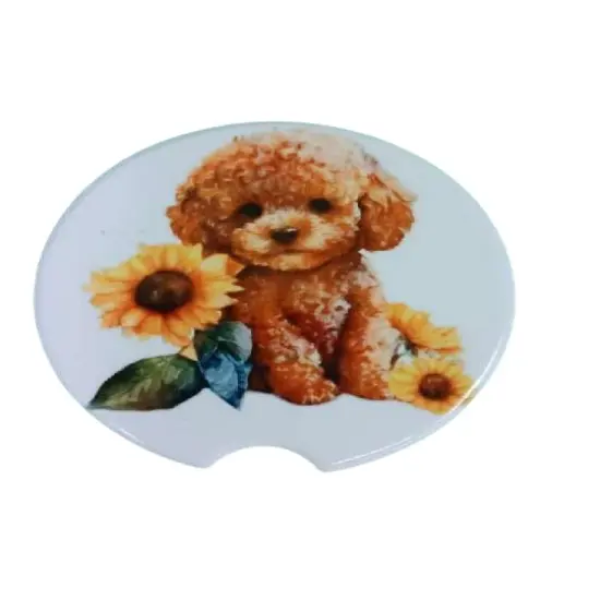 Adorable Toy Poodle with Sunflower Ceramic Car Coaster Set 2.56" (2 Pack) {1}