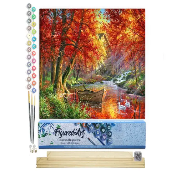 Figured'Art Paint by Numbers Kit for Adults Autumn River and Boat 16"x20" - Craft Art Painting Rolled Canvas with DIY wooden frame {1}