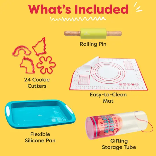 Baketivity Cookie Cutter Set For Kids, 24 Assorted Cookie Cutters of Basic Shapes, Seasonal, and Holiday Themes - With Rolling Pin, Silicone Baking Pan, and Non-Stick Baking Mat - BPA-Free - Ages 4+ {3}