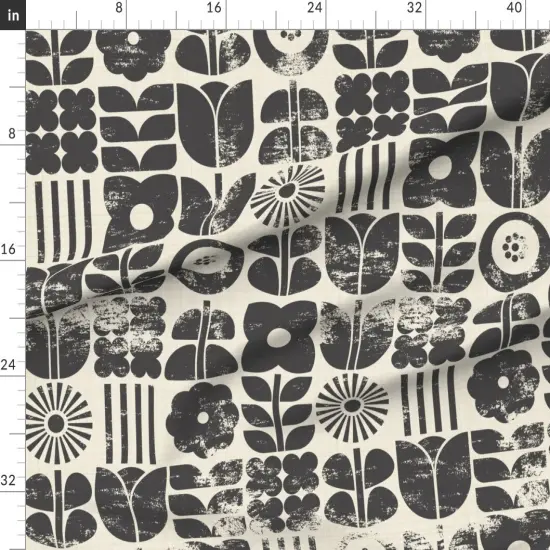 Various Fabrics by the Yard or Fat Quarter Block Print Floral Black Cream Botanical Retro Scandinavian Monochromatic Mcm Custom Printed Fabric by Spoonflower {1}