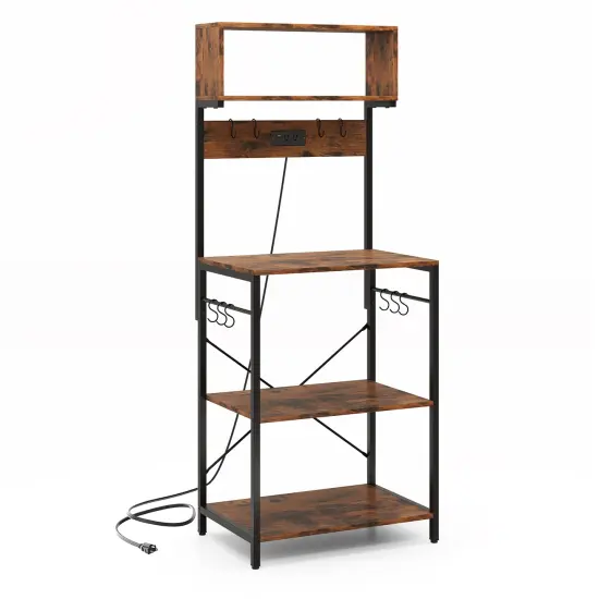 Rustic Brown 5-Tier Shelves Countertop Kitchen Baker's Rack with Power Outlets and Hooks {1}