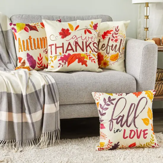Set of 4 Thanksgiving Throw Pillow Covers with Seasonal Fall Quotes, 4 Autumn Designs (17 x 17 In) Multicolor {2}