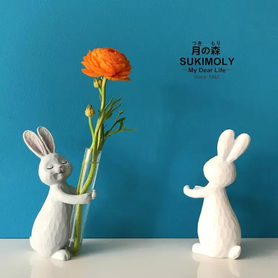 Easter Rabbit Figure Flower Vase, Sculpted Hand-Painted Resin Figurine Statue, Inner Peace Home Decor House Warming Birthday Friendship Figurines Gifts - Pearl White {3}