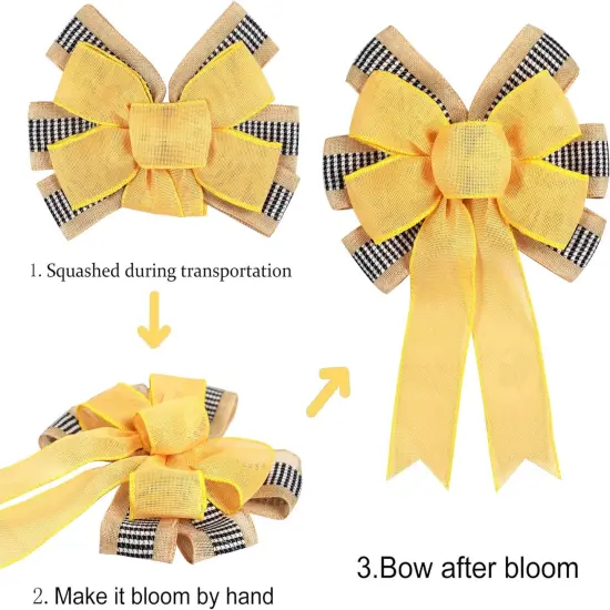 2 PCS Spring Summer Wreath Bow Decor,Decorative Bow with Yellow Burlap and Black White Stripe Ribbon for Holiday Tree Topper Home Front Door Outdoor {3}