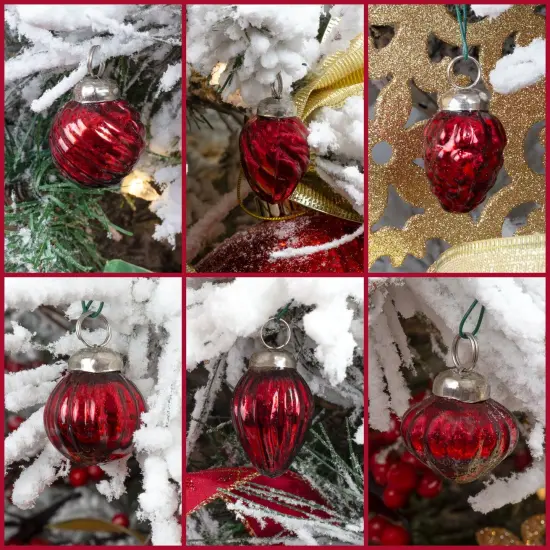 Glass Finial Ornaments 12ct Antiqued Mercury Farmhouse Decor Set Red {3}