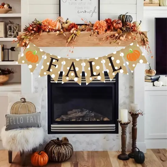 8.2Ft Fall Pumpkin Burlap Banner White Dotted Thanksgiving Bunting Garland {1}