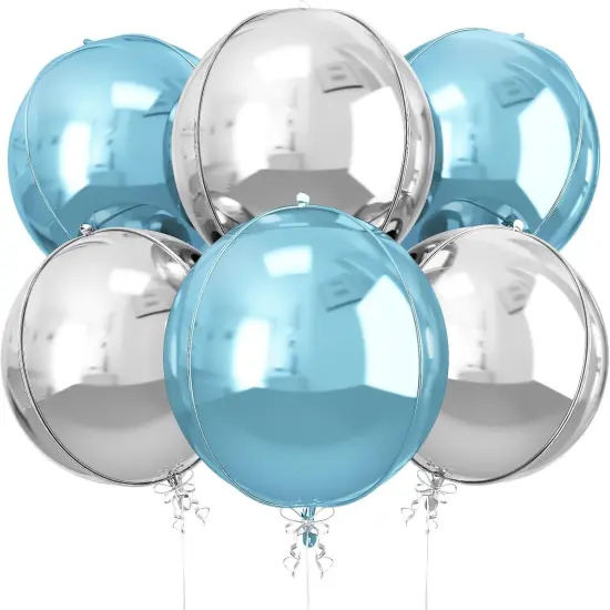 6Pcs Blue Silver Round Mylar Foil Balloons, 22inch 4D Metallic Silver Blue Mylar Balloons, Large Round Foil Ball Balloon for Boys Men {1}