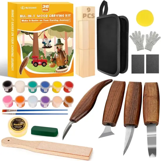Wood Carving Kit, 36Pcs Wood Carving Tools with Paint and Beewax, Wood Whittling Kit with 4Pcs Whittling Knives & Storage Bag for Beginners and Enthusiasts {1}
