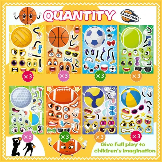 24 PCS Sport Ball Stickers for Kids, Make a Face Stickers, Make Your Own Mix and Match Sticker Sheets, Basketball, Baseball, Football, Volleyball, Soccer, Rugby Stickers for Teens/Kids {2}