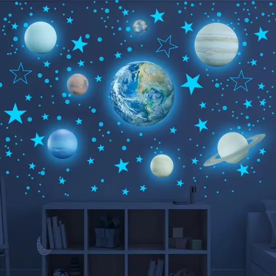 Glow in The Dark Stars Solar System Wall Decals, The Earth Wall Stickers for Bedroom, Baby Nursery Planets Sticker Decoration for Ceiling (Blue) {2}