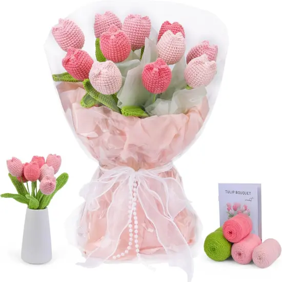 Crochet Kit for Beginners - Flower Bouquet With Step-by-Step Video Tutorials for Adults, Birthday, DIY Craft Home Decor (Pink) {1}
