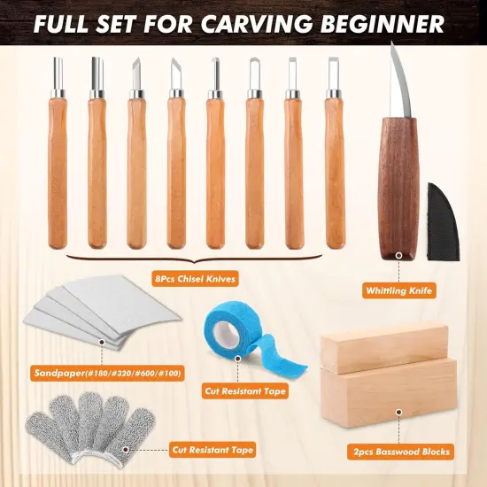 Wood Carving Tools Kit for Beginners 23pcs Hand Carving Knife Set Craft Engraving Supplies Include All-Purpose Cutting Knife and with Cut Resistant Gloves for Kids Adults Woodcrafts DIY {2}