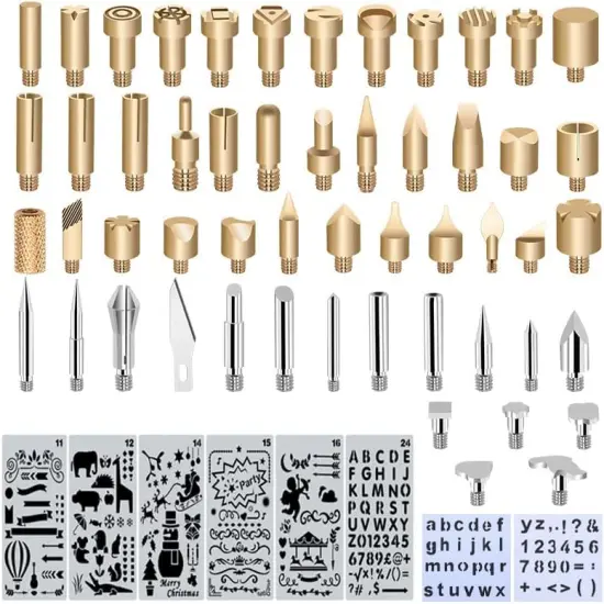 Wood Burning Tips Set and Stencils, Pyrography Wood Burning Alphabet Numbers Symbols Stamps Set（ Include 53 Assorted Wood Burning/Carving/Embossing & Soldering Tips and 8 Stencils） {1}
